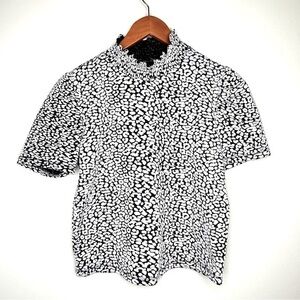 Zara Black and White Leopard Print Casual Mock Neck Shirt Top Size Medium